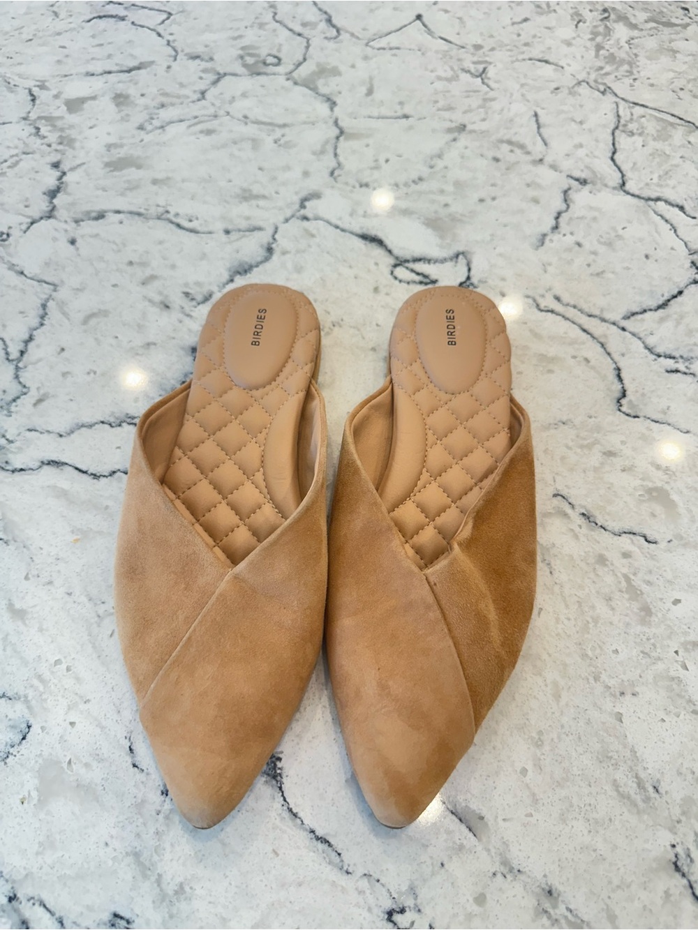 Birdies Tan Suede Quilted-Insole Swan Mules